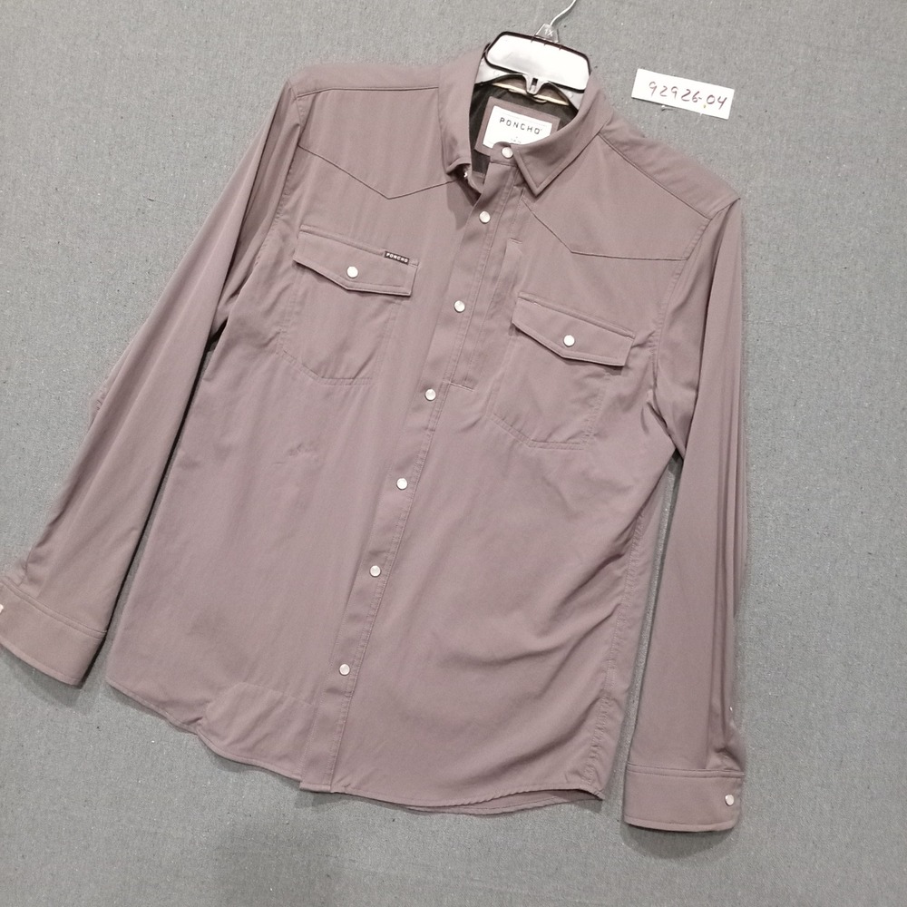Poncho Outdoors Mens Slim Fit Western Pearl Snap Shirt Brown Long Sleeve Medium